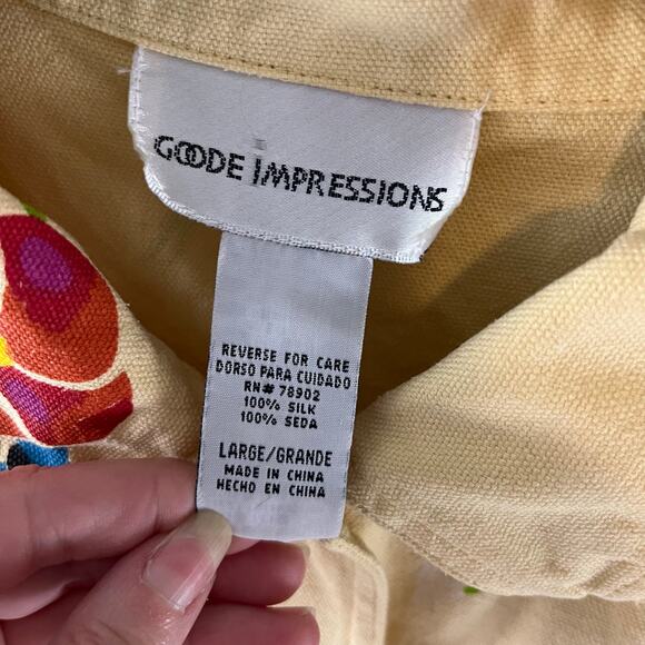 Goode Impressions Sz Large Yellow Silk Bird Print Art To Wear Button Down Jacket - Picture 3 of 6